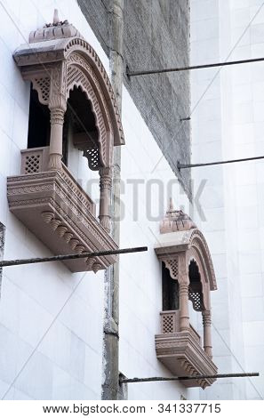 Decorated Windows, Columns And Arches In The Indian Temple Under Construction.