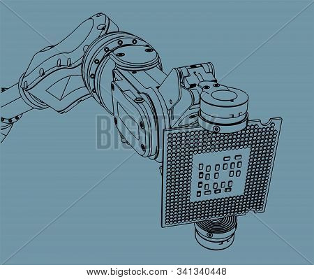 Vector Illustration On The Theme Of Robotics And Integrated Microelectronics. Industrial Robot Holds
