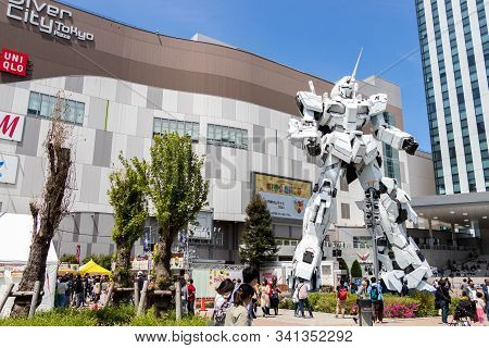 Tokyo, Japan - April 28, 2019, The Unidentified Traveler Look At Rx-0 Unicorn Gundam Statue In Norma