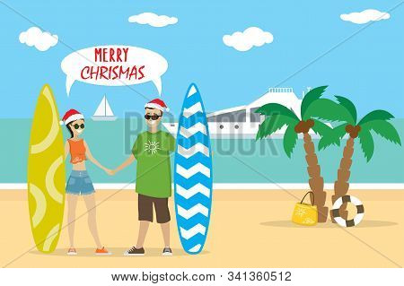 Cartoon Caucasian Couple In Red Hats Holds Surfboards On The Bea