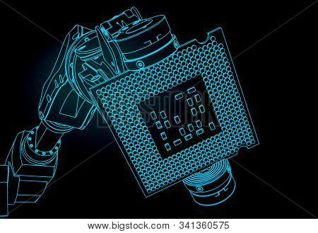 Vector Illustration On The Theme Of Robotics And Integrated Microelectronics. Industrial Robot Holds