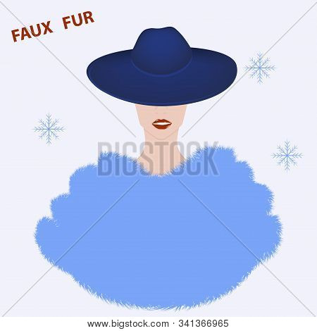 Lady In Elegant Hat With Brim And Fur Coat, Stole, Cape, Long Pile - Vector. Artificial Fur. Winter 