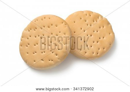 Pair of two whole fresh hardtacks isolated on white background
