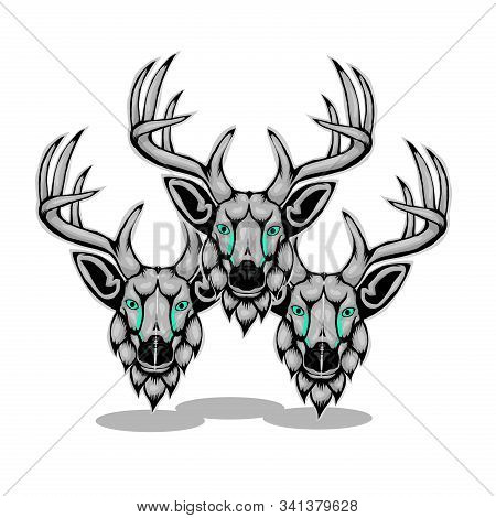 Simple Illustration Of Three Head Deer On White Background