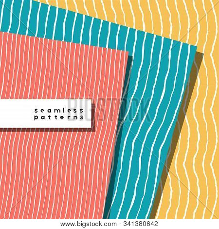 Set Of Pattern With Lines With Various Width And Shape. Coral, Yellow, Teal And White Colors. Repeat