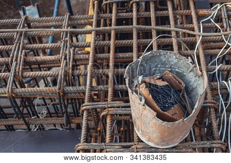 Rebars Bars For Concrete Wall Construction Of A New Building. Construction Site