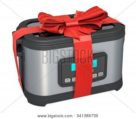 Sous Vide Machine With Red Ribbon And Bow. Gift Concept, 3d Rendering Isolated On White Background