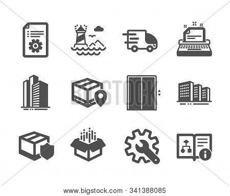 Set Of Industrial Icons, Such As Technical Documentation, Lighthouse, Skyscraper Buildings, Delivery