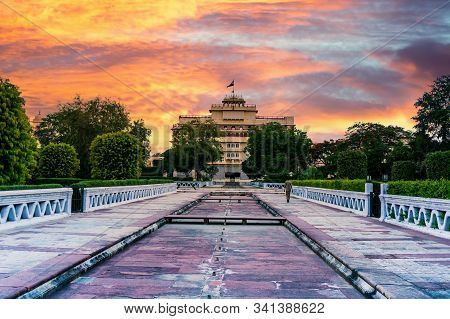 City Palace In Jaipur Taken From Govind Dev Temple With A Dramatic Sunset In The Sky