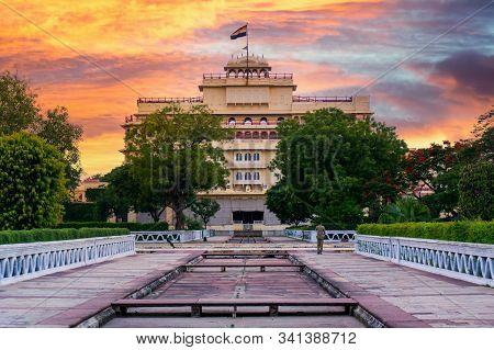 City Palace In Jaipur Taken From Govind Dev Temple With A Dramatic Sunset In The Sky