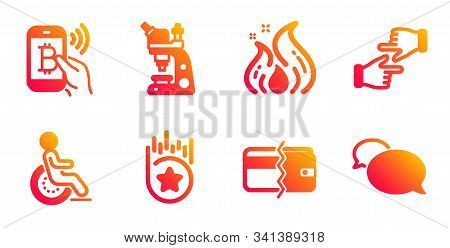 Fire Energy, Bitcoin Pay And Loyalty Star Line Icons Set. Disability, Microscope And Click Hands Sig