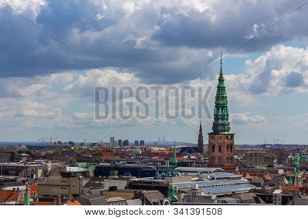 Copenhagen Skyline. Denmark Capital City Streets And Danish House Roofs. Copenhagen Old Town And Cop