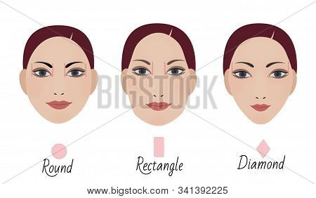 Set Of 3 Forms Of A Woman's Face And Their Correction With The Length Of An Eyebrow. Isolated On Whi