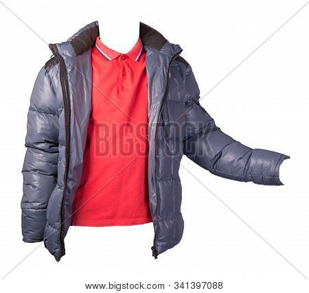 Mens Redt-shirt And Blue Jacket Isolated On White Background.casual Clothing