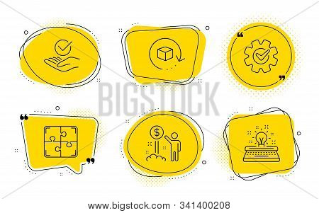 Income Money, Return Package And Typewriter Signs. Chat Bubbles. Approved, Puzzle And Cogwheel Line 