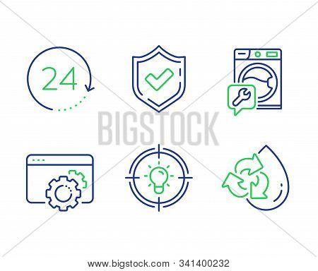 Confirmed, Idea And Seo Gear Line Icons Set. 24 Hours, Washing Machine And Recycle Water Signs. Acce