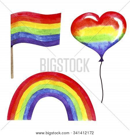 Set Of Lgbtq Atributes Hand Painted In Watercolor. Valentines Day Lgbt Rainbow, Flag, Balloon Isolat