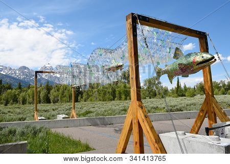 GRAND TETON NATIONAL PARK, Wyoming - JUNE 26, 2017: Art Installation at the Visitor Center. A plastic bottle river and aluminum can trout bring awareness to recycling in this student project.