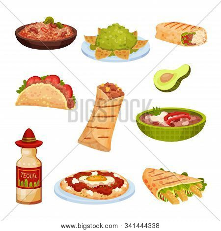Mexican Snacks And Dishes Vector Set. Appetizing Traditional Courses And Starters Collection