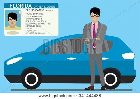 Businessman, Modern Blue Car And Usa Driver License With Male Pho