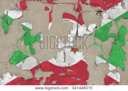 Burundi Flag Depicted In Paint Colors On Old Obsolete Messy Concrete Wall Closeup. Textured Banner O
