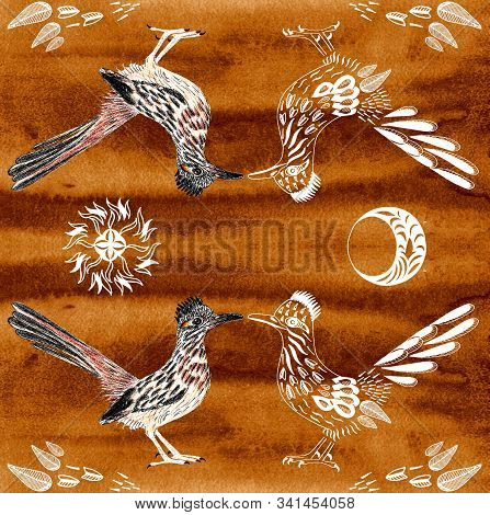 Road Runner. Greater Roadrunner. Geococcyx Californianus. Bird Illustration. Spirit Animal. Sun, Moo