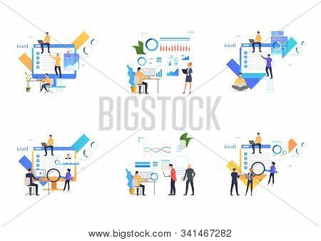 Set Of Business People Analyzing Graphs And Doing Notes. Flat Vector Illustrations Of Statistics, Ta