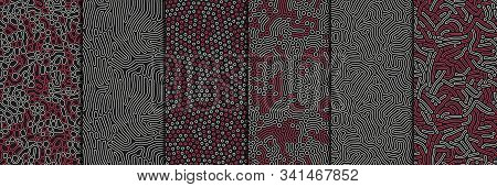 Set Of Organic Seamless Patterns With Rounded Lines, Drips. Diffusion Reaction Background. Linear De