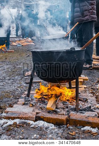 Romanian Traditional Food Prepared At The Cauldron On The Open Fire With Wood, Christmas Tradition