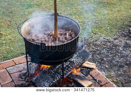 Romanian Traditional Food Prepared At The Cauldron On The Open Fire With Wood, Christmas Tradition