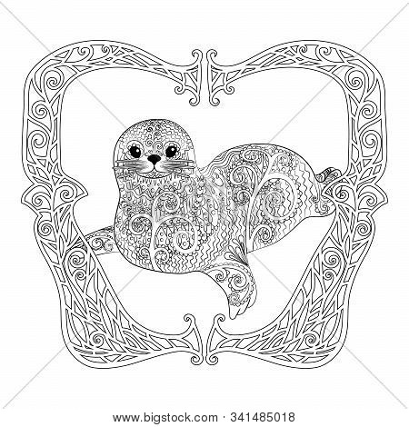 Hand Drawn Isolated Illustration Of A Baby Seal In The Tracery Style. Adult Coloring Page With Cute 