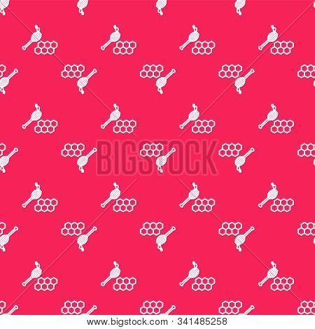 White Line Honeycomb With Honey Dipper Stickicon Isolated Seamless Pattern On Red Background. Honey 