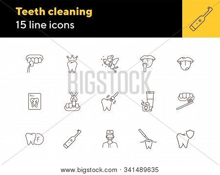 Teeth Cleaning Line Icon Set. Doctor, Brush, Toothpaste, Fairy. Dental Care Concept. Can Be Used For