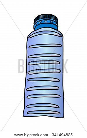 Plastic Bottle Isolated On White Background. Cartoon Style Pet Bottle With Screw Blue Cap For Water.