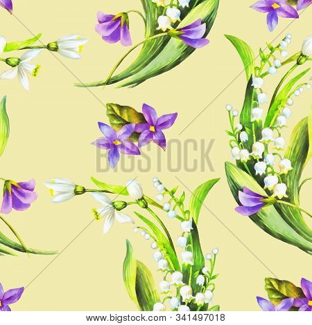 Spring Flowers: Snowdrop, May-lilly, Viola  Seamless Pattern, Hand Paint Watercolor Illustration.