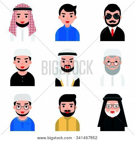 Set Of Muslim Men Vector, Muslim Avatar Flat Icon Set