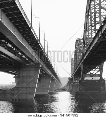 Two Parallel Bridge - Railway And New Darnytskyi Bridge. Kiev, Ukraine