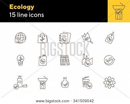 Ecology Line Icons. Set Of Line Icons. Paperbag, Gearwheel, Light Bulb. Eco Technology Concept. Vect