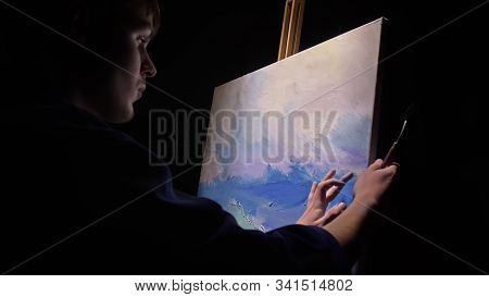 Artist Copyist Paint Seascape With Ship In Ocean. Craftsman Decorator Draw As Boat Sail On Blue Sea 