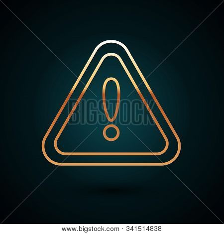 Gold Line Exclamation Mark In Triangle Icon Isolated On Dark Blue Background. Hazard Warning Sign, C