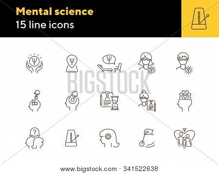Mental Science Line Icon Set. Patient, Psychologist, Brain Work. Psychology Concept. Can Be Used For