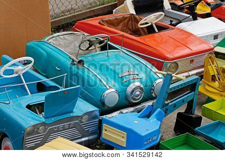 Pushkino, Moscow Region, Russia - July 13, 2019: Soviet Toy Pedal Cars At The Flea Market At The Fes