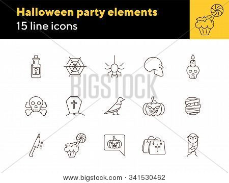 Halloween Party Elements Icons. Skull, Ghost, Crow. Halloween Concept. Vector Illustration Can Be Us