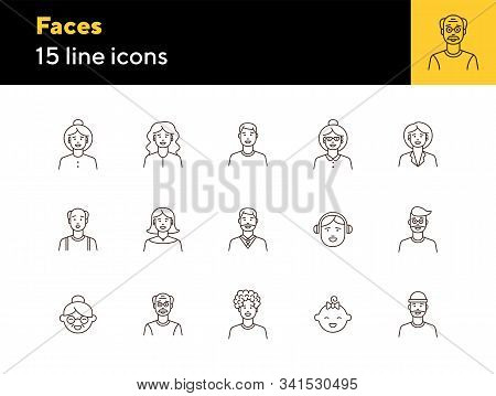 Faces Icons. Set Of Line Icons On White Background. Young Man, Boy, Mid Adult Man. People Concept. V