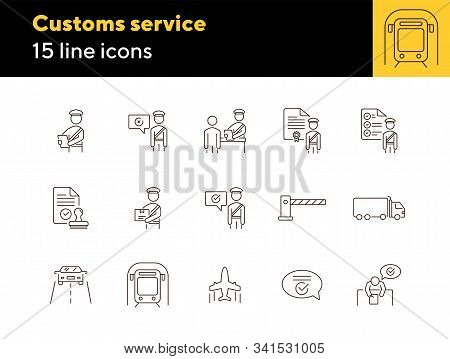 Customs Service Icons. Set Of Line Icons. Check Of Package, Truck, Airplane, Train. Logistics Concep
