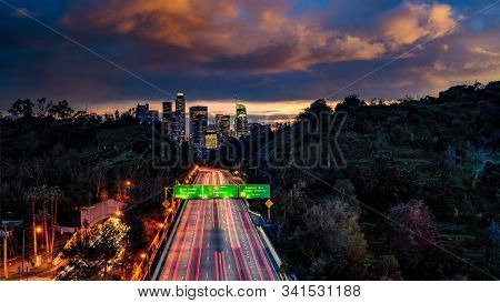 Los Angeles Skyline Over The 110 Freeways View