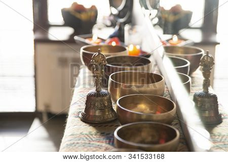 Accessories For Sound Massage. Tibetan Singing Bowls Treatment
