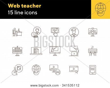 Web Teacher Line Icon Set. Student, Online Class, E-learning. Lesson Concept. Can Be Used For Topics