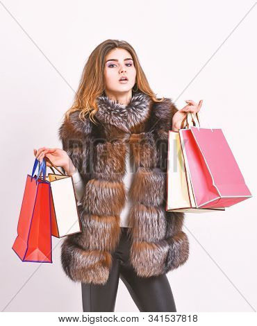 Shopping Or Birthday Gifts. Woman Shopping Luxury Boutique. Lady Hold Shopping Bags. Discount And Sa