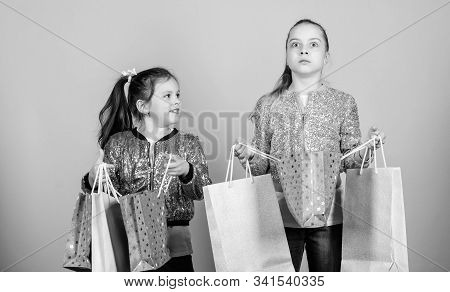 Shopping And Purchase. Black Friday. Sale And Discount. Shopping Day. Children Hold Bunch Packages. 